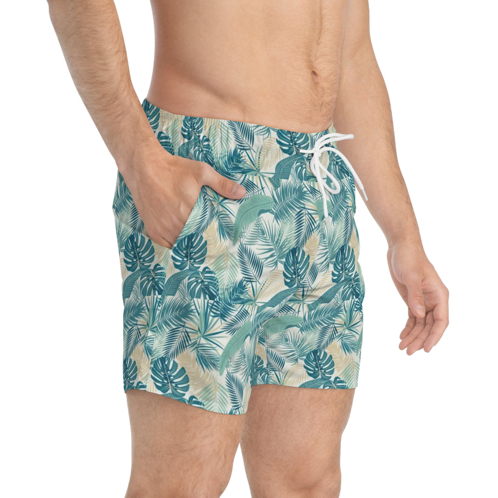 Tropical Leaf Swim Trunks, Summer Beach Shorts, Vacation Swimwear, Pool Party Attire, Men's AOP Swimwear