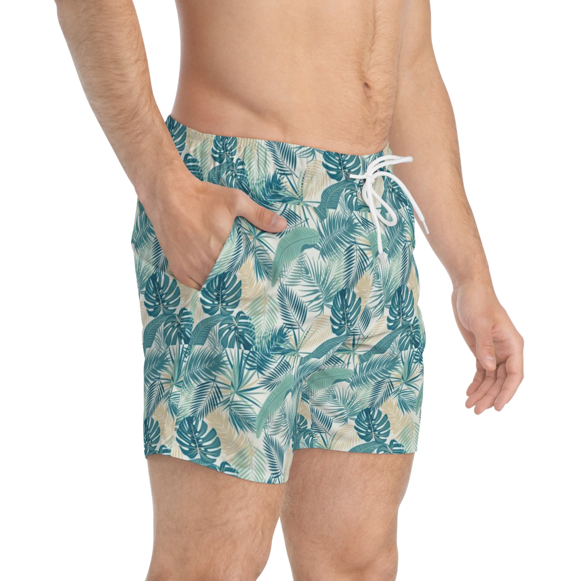 Tropical Leaf Swim Trunks, Summer Beach Shorts, Vacation Swimwear, Pool Party Attire, Men's AOP Swimwear