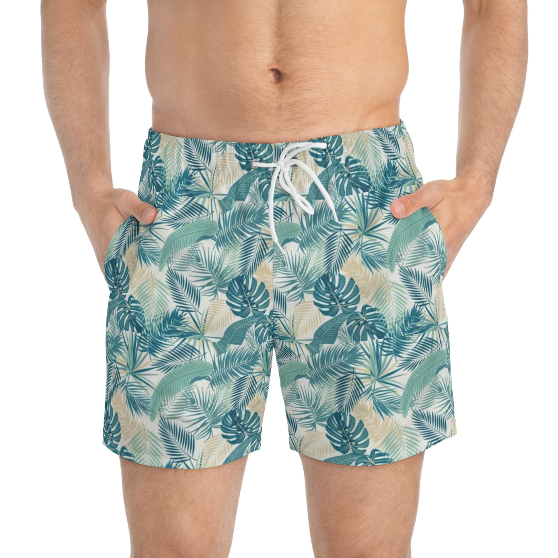 Tropical Leaf Swim Trunks, Summer Beach Shorts, Vacation Swimwear, Pool Party Attire, Men's AOP Swimwear